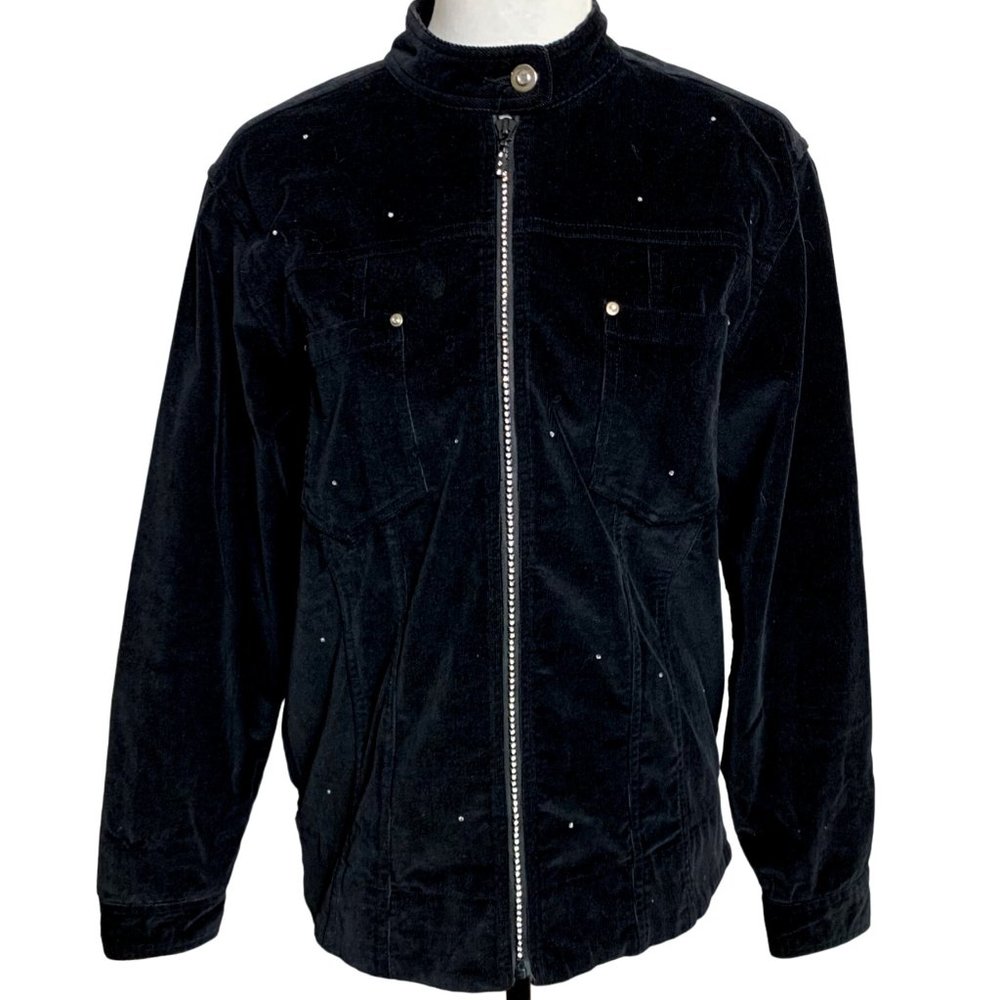 Quacker Factory Corduroy Rhinestone Jacket Size S Black Edgy Trucker Biker Sexy
